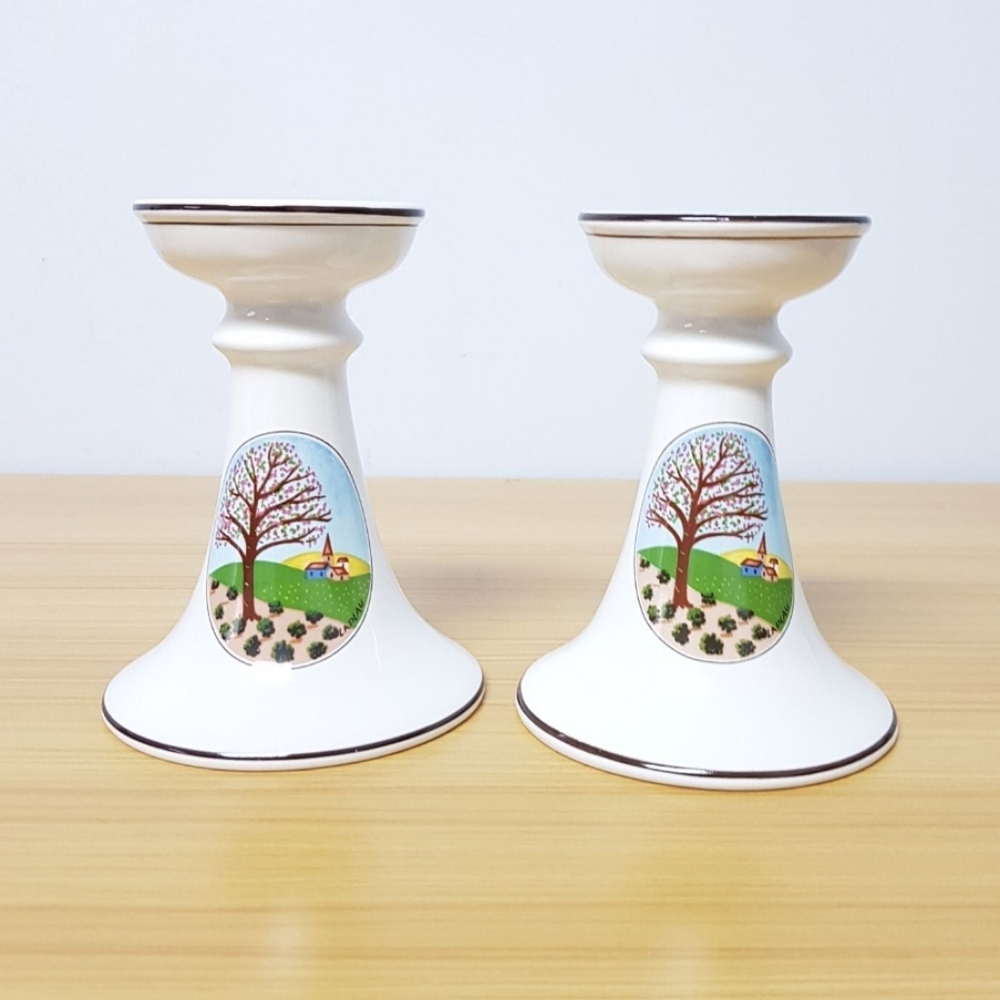 Villeroy & Boch Candle Stick Holders Taper Luxembourg Porcelain Naif Tree Scene